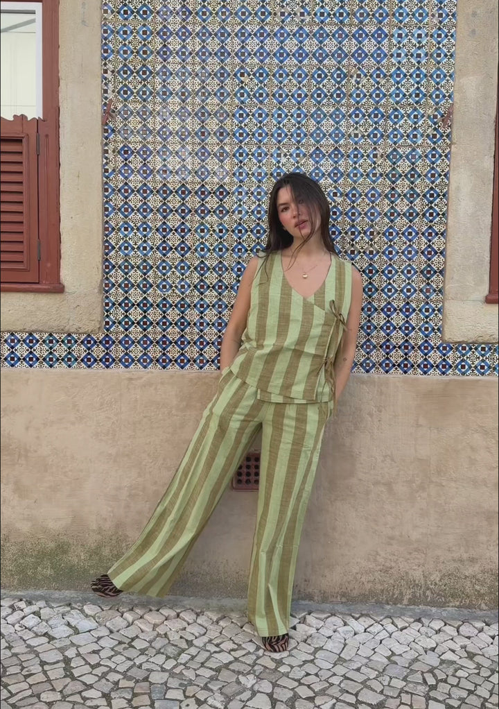 Cotton Trousers in Green & Brown Stripe