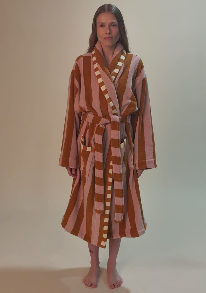 Terry Cotton Bath Robe in Honeycomb Stripe