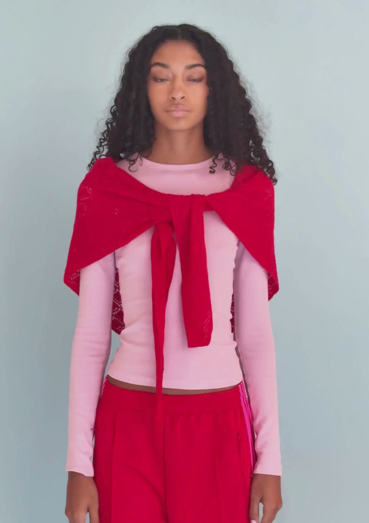 Large Merino Wool Triangle Scarf in Red Pointelle